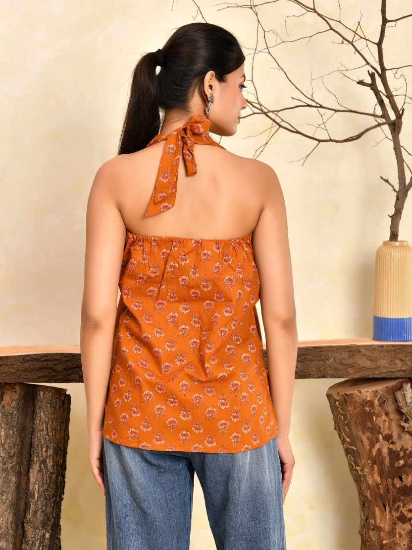 Wine Printed Halter Neck Short Kurti