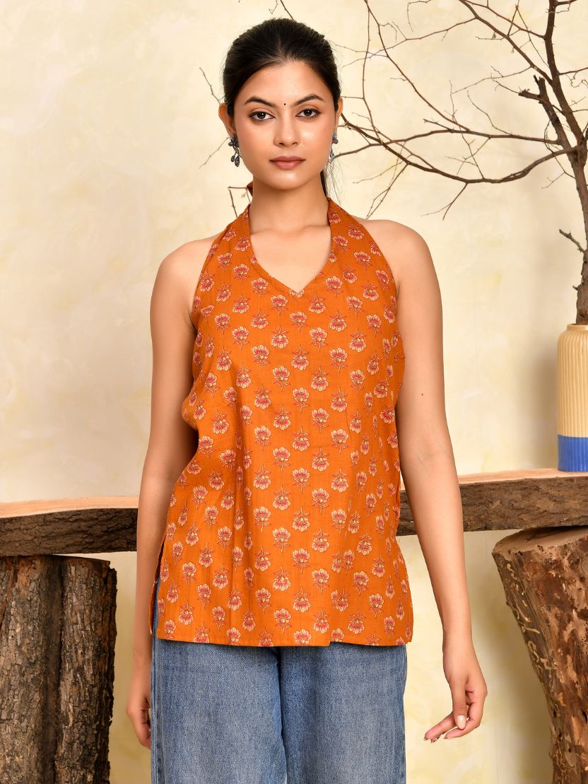 Wine Printed Halter Neck Short Kurti