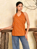Wine Printed Halter Neck Short Kurti