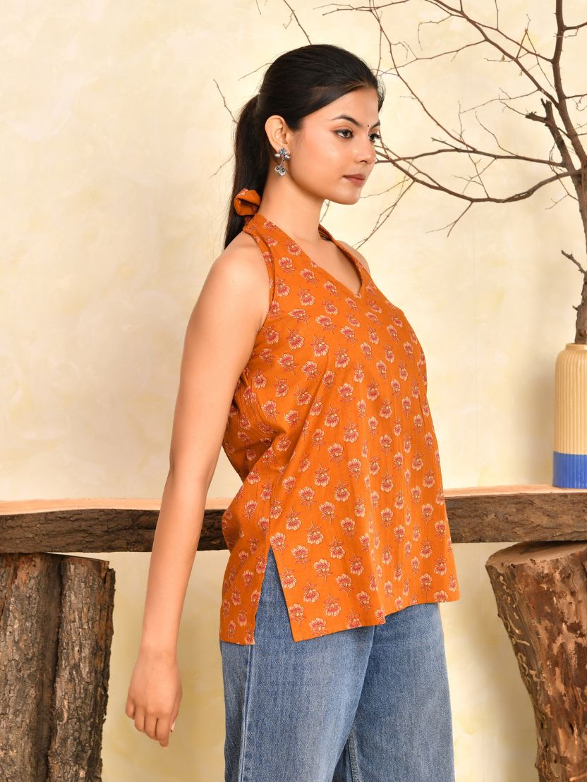 Wine Printed Halter Neck Short Kurti