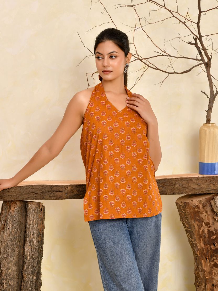 Wine Printed Halter Neck Short Kurti