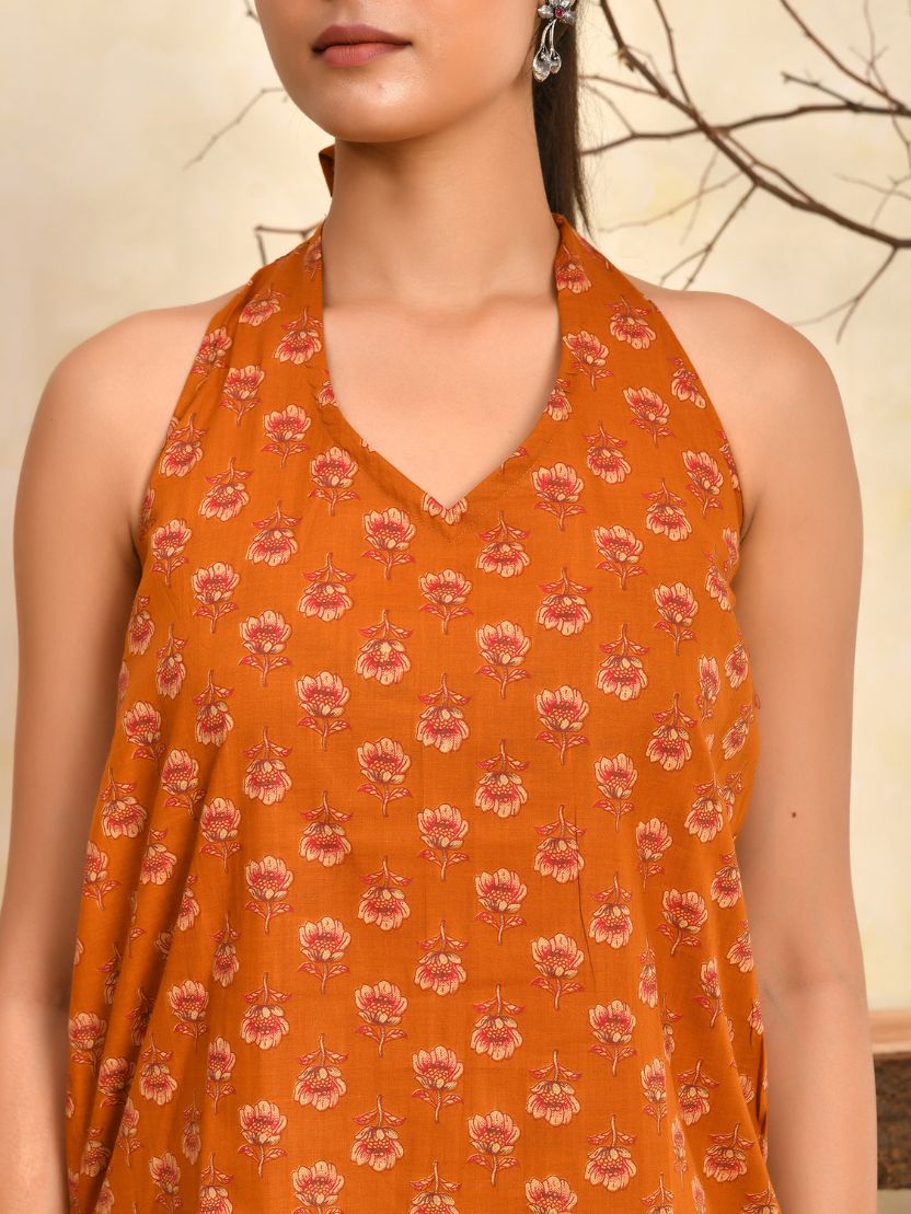 Wine Printed Halter Neck Short Kurti