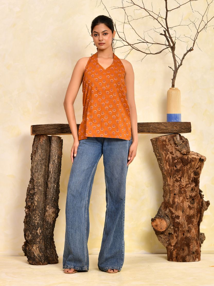 Wine Printed Halter Neck Short Kurti