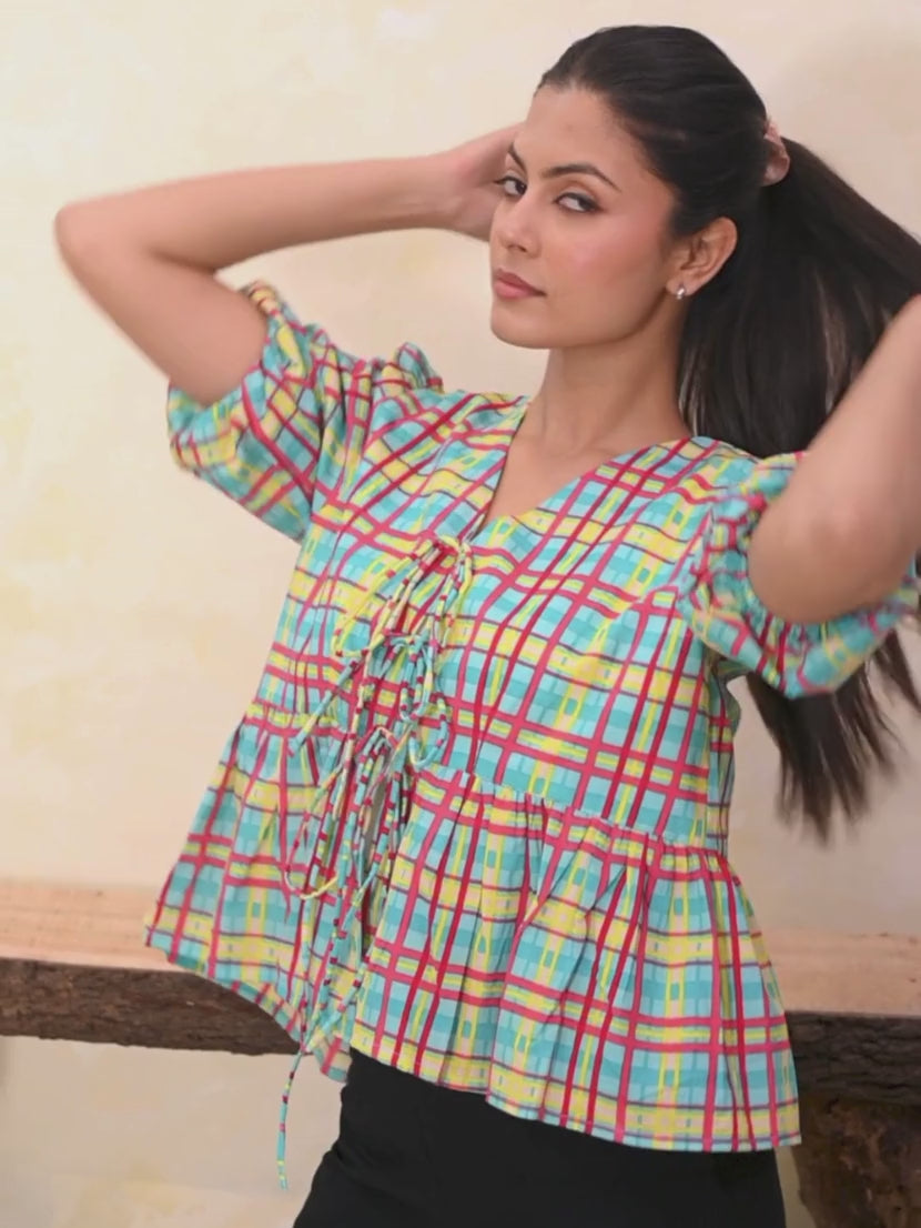 Front Open Puff Sleeve Cotton Top