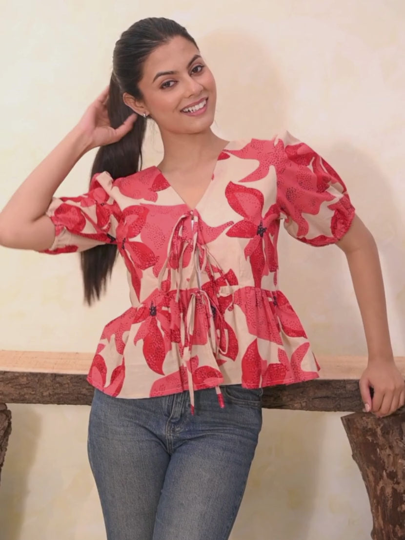 Floral Front Open Puff Sleeve Cotton Top