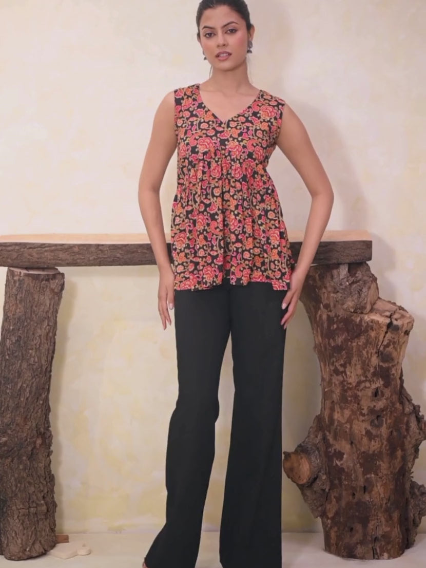 Black Floral Printed Sleeveless Peplum Top