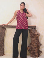 Wine Printed Halter Neck Short Kurti