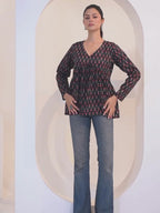 Midnight Floral Printed Full Sleeve Peplum Top