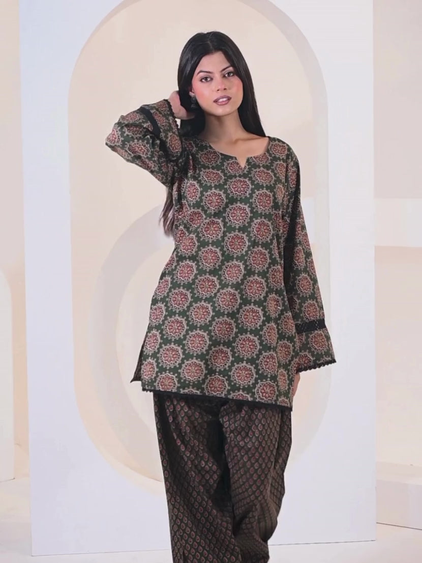 Dark Green Ajrakh Printed Kurta with Farshi Salwar Set